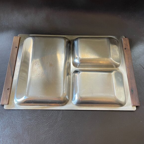 Mid-Century Danish Stainless Steel Teak Handles 3-section serving dish - Picture 6 of 6